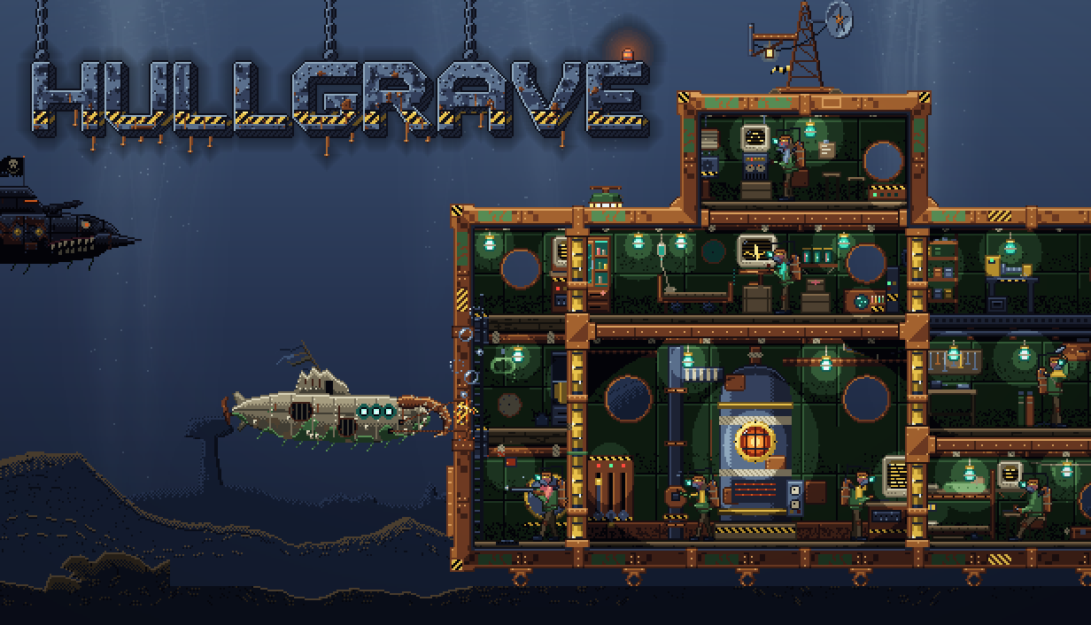 Hullgrave: a cutaway colony base on the sea floor with a raider sub clamping onto its airlock